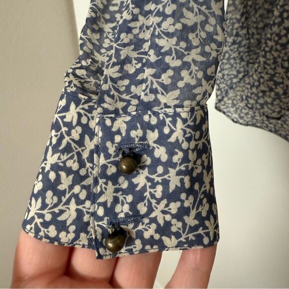 Veronica Beard Blouse Sz 4 Blue White Floral V Neck Long Sleeve Sheer Silk Boho - Picture 6 of 15